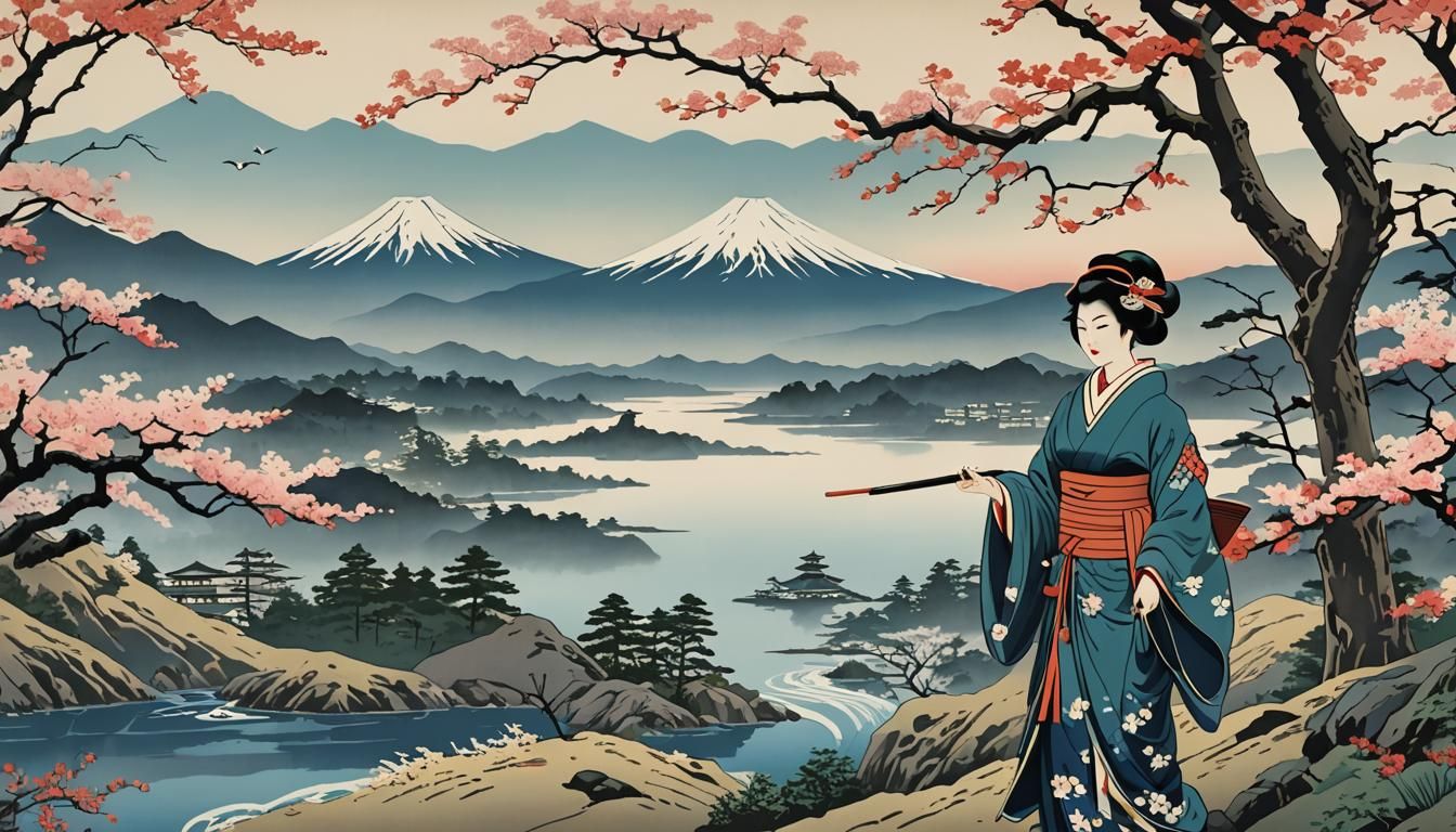 Mount Fuji in Ukiyo-e Japanese Woodblock Print Style