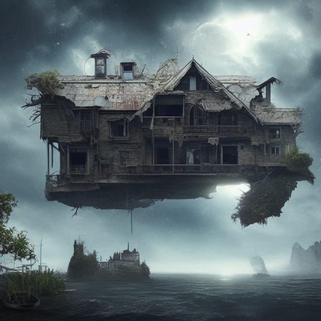 Dilapidated House Floating in Space