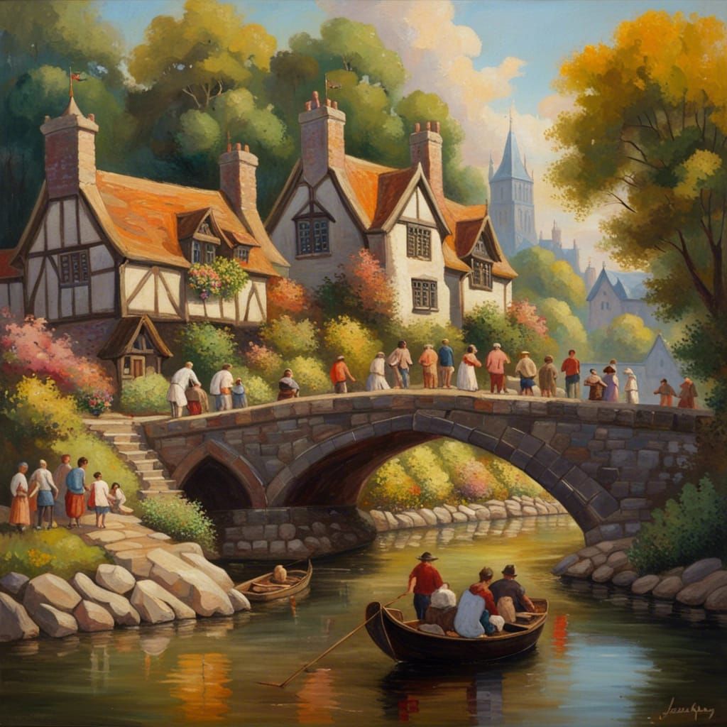 Charming Gothic City with River Garden in Sunlight