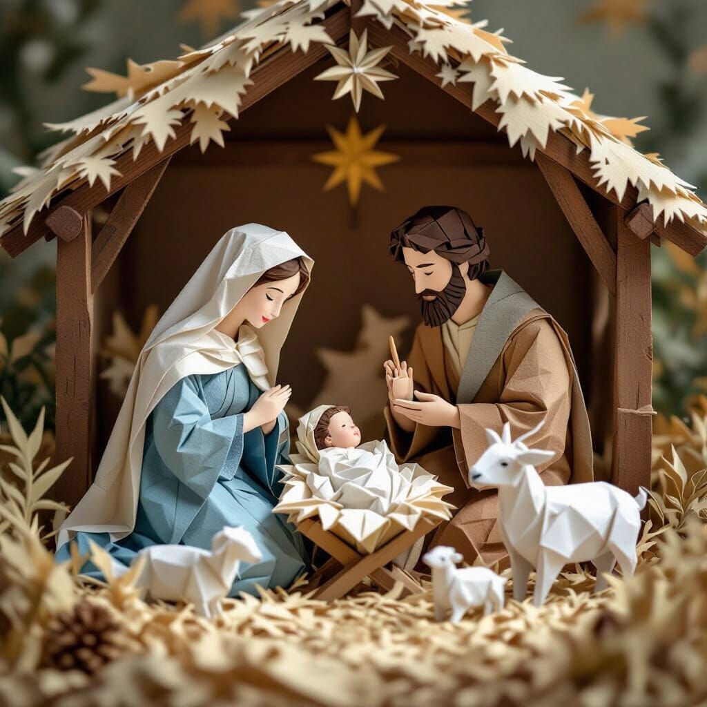 Origami Nativity Scene in Soft Ethereal Light