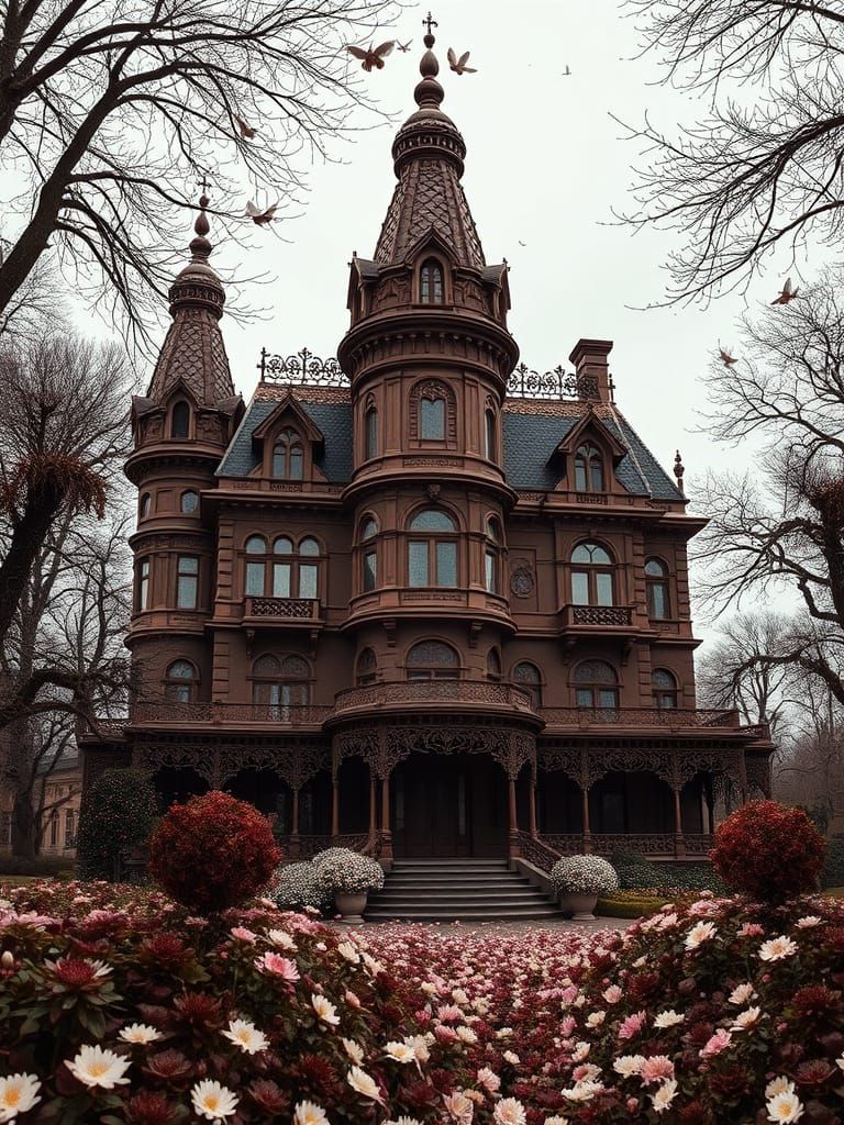 Chocolate Victorian Mansion with Ornate Details