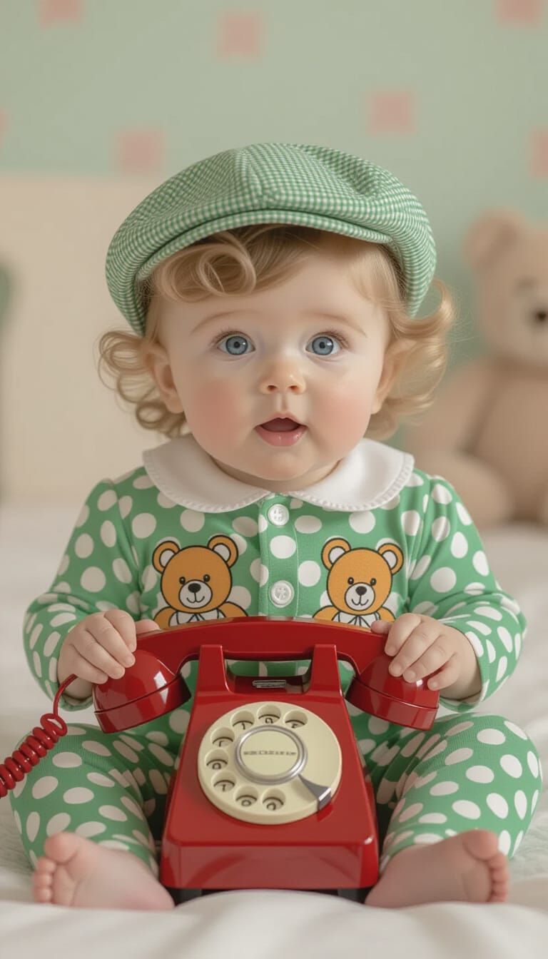 Cute Baby with Phone in Beatrix Potter Style