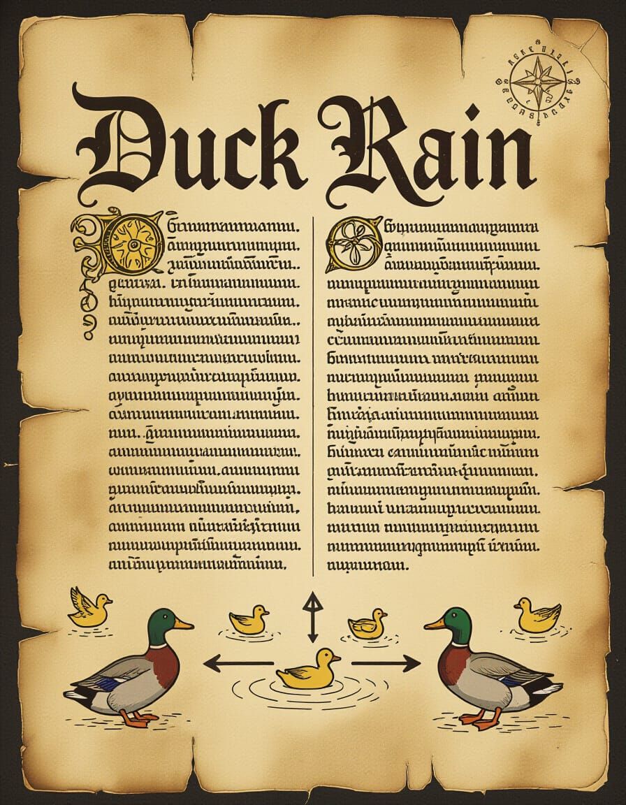 Duck Rain: Ancient Magical Parchment Illustration