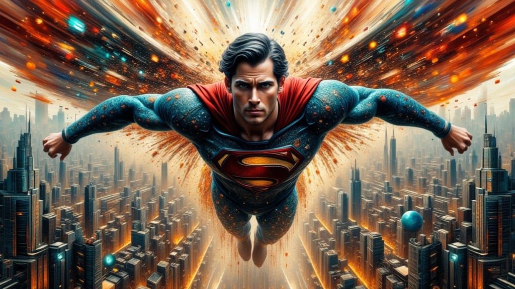 Glitched Superman in Decaying Cyberpunk Metropolis