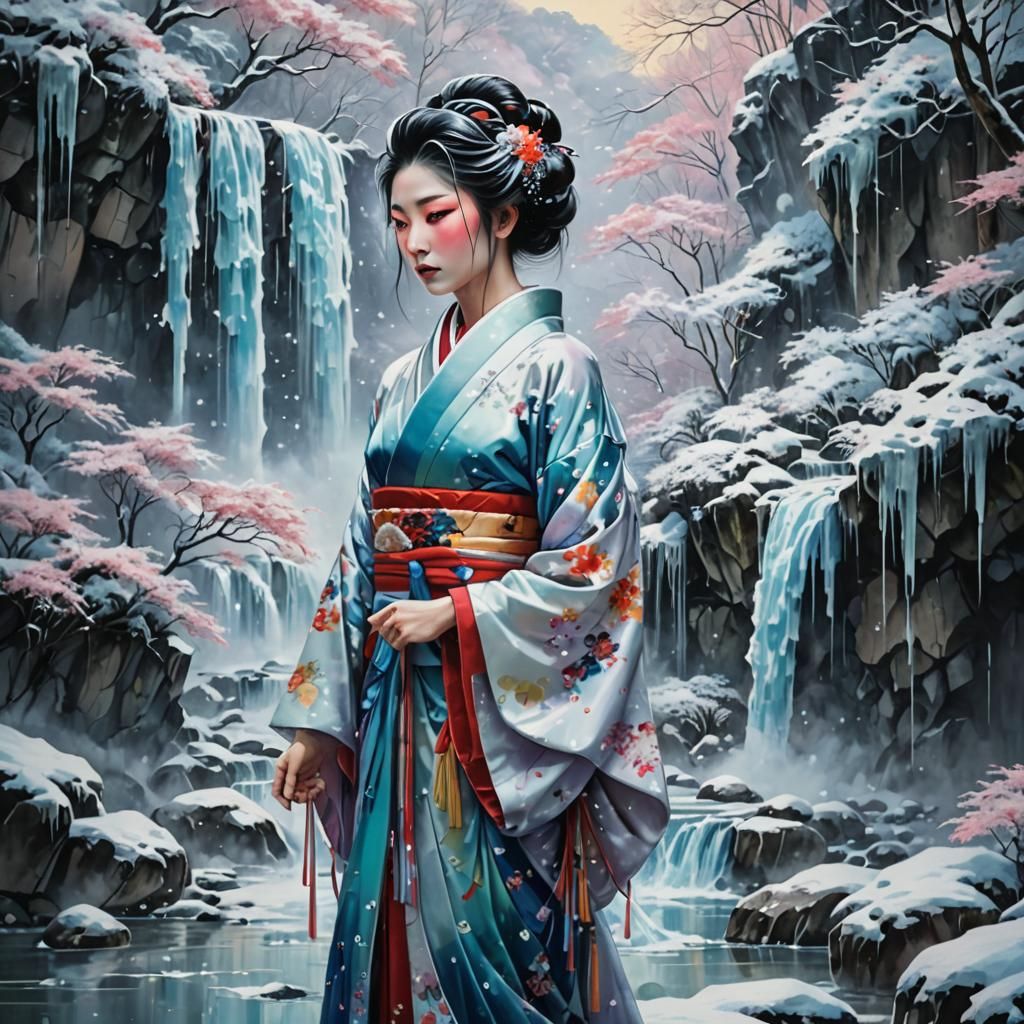 Geisha in Frozen Falls: Vibrant Oil Painting