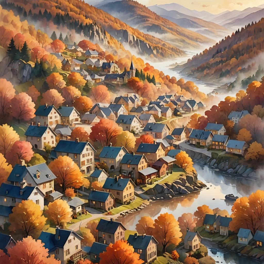 Charming Autumn Town in Watercolor Style