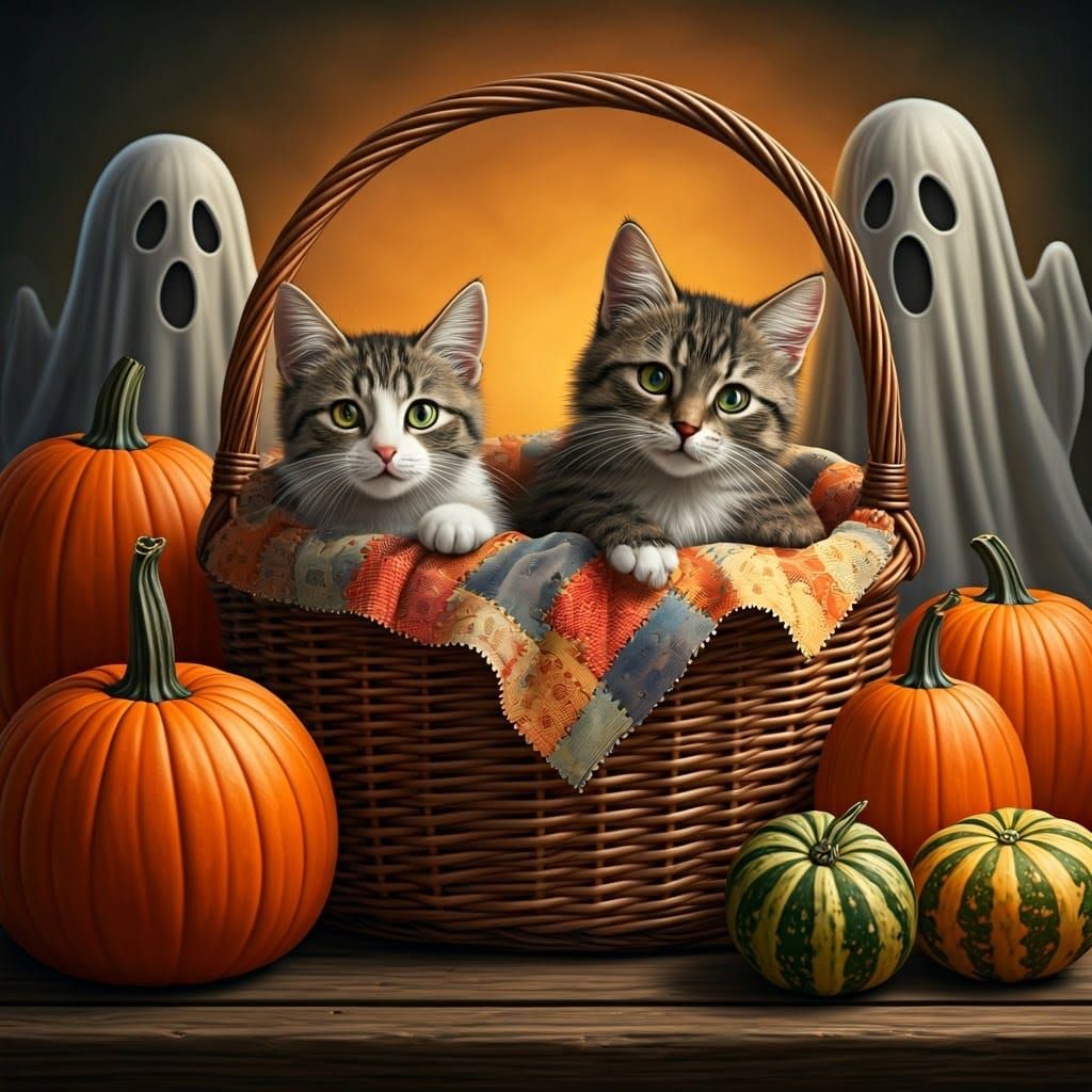 Whimsical Halloween Cats in Basket with Pumpkins