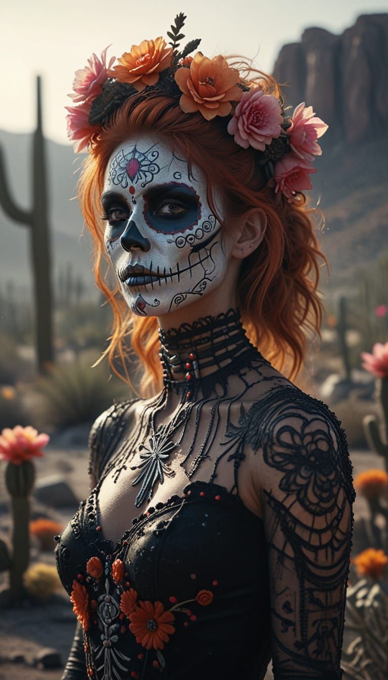 Dia de los Muertos Skull Woman in Foggy Graveyard
