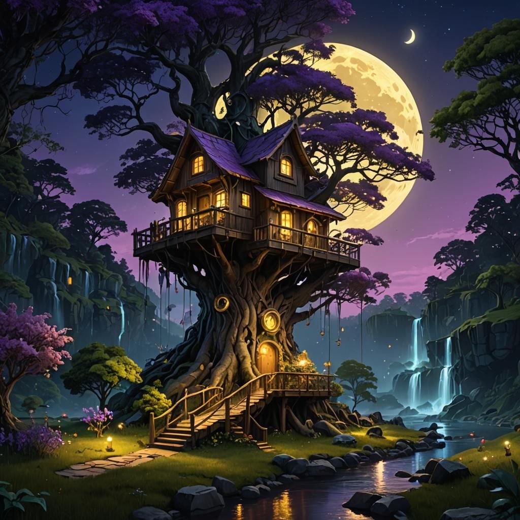 Fantasy Treehouse Under a Glowing Moon