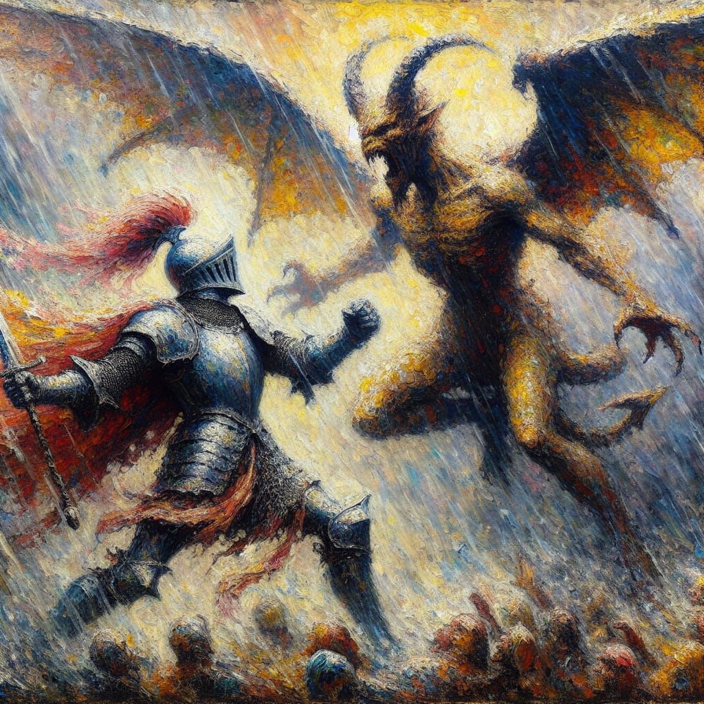 Brave Knight Faces Fiery Demon in Stormy Neo-Impressionist M...