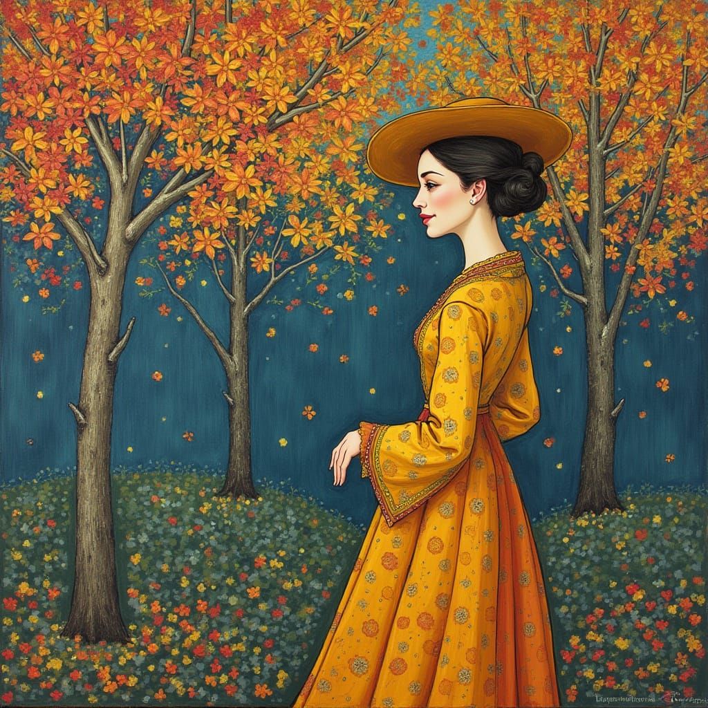 Elegant Woman in Autumnal Impressionist Style