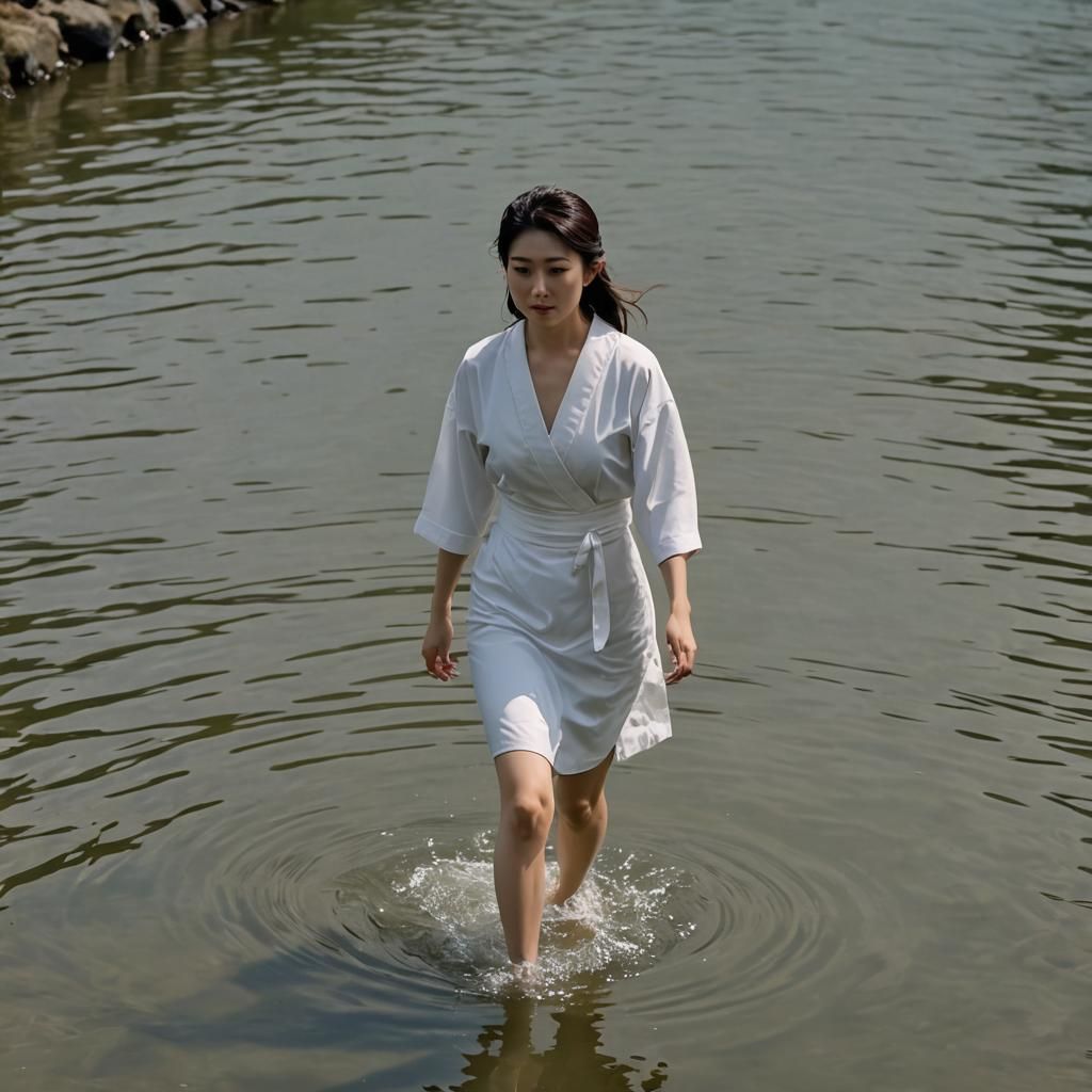 Hyperdetailed Japanese Woman Walking in Water