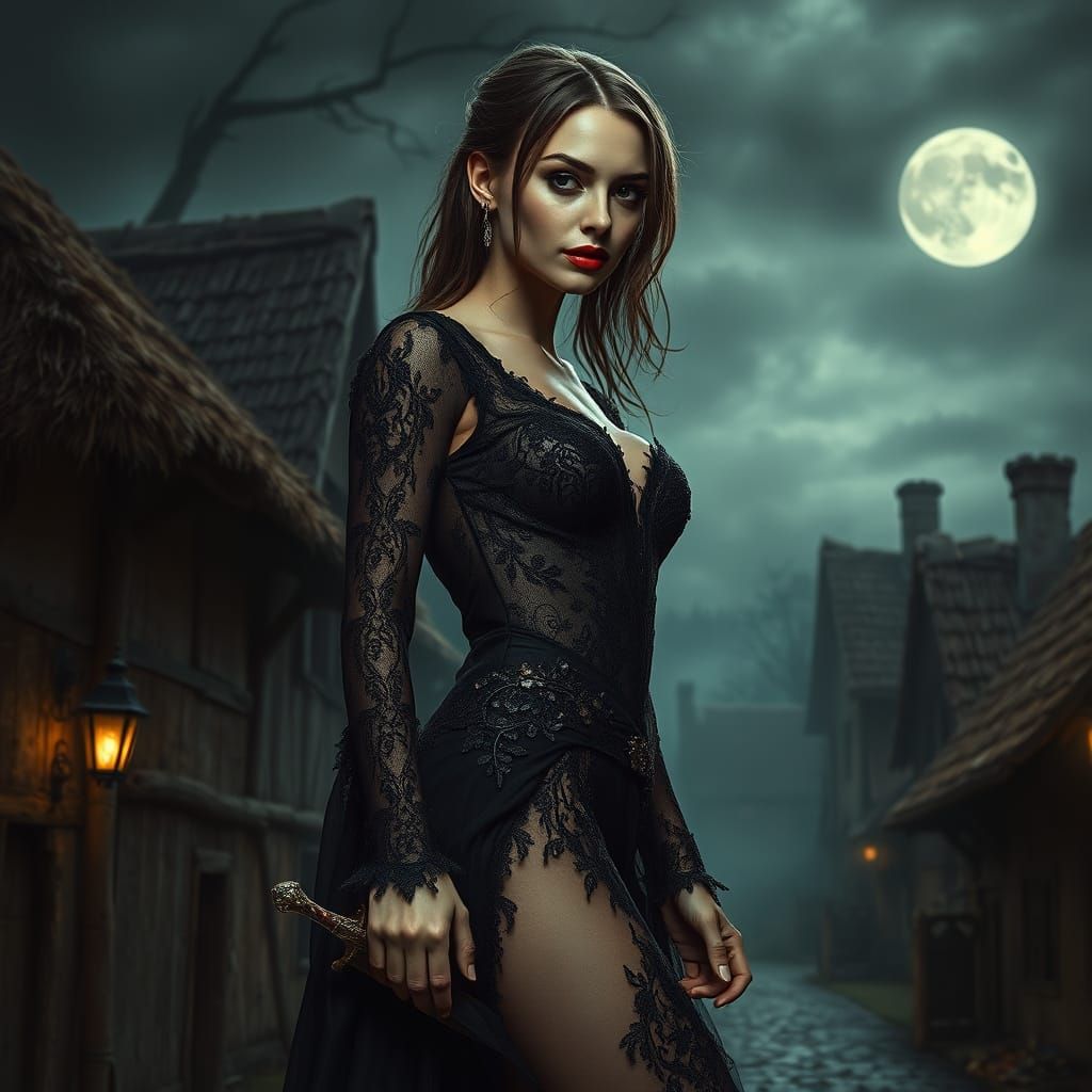 Ethereal Vampire Maiden in Medieval Village