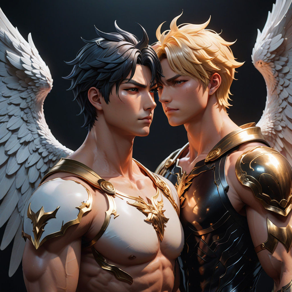 Muscled Angel and Demon Stand as One-Winged Brothers