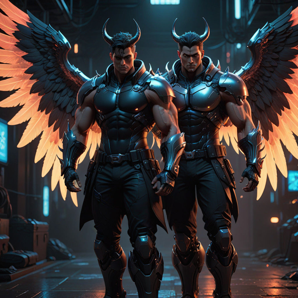 Cyberpunk Angel and Demon Brothers Unite