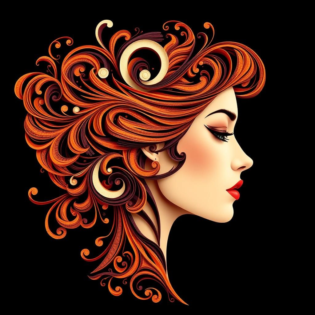Woman in Profile with Quilling-Inspired Filigree Aesthetic