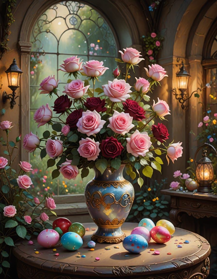 Vintage Fantasy Garden with Elegant Vase and Whimsical Roses