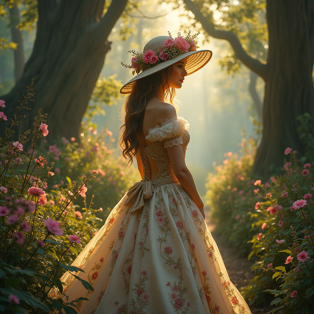 Woman in Floral Gown in Mystical Garden