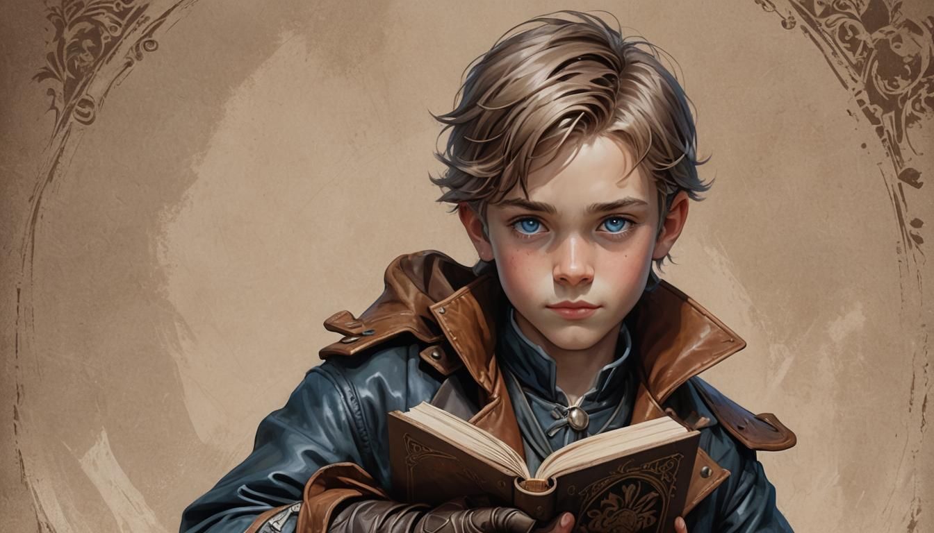 Boy in Medieval Attire Holding Book: Detailed Portrait