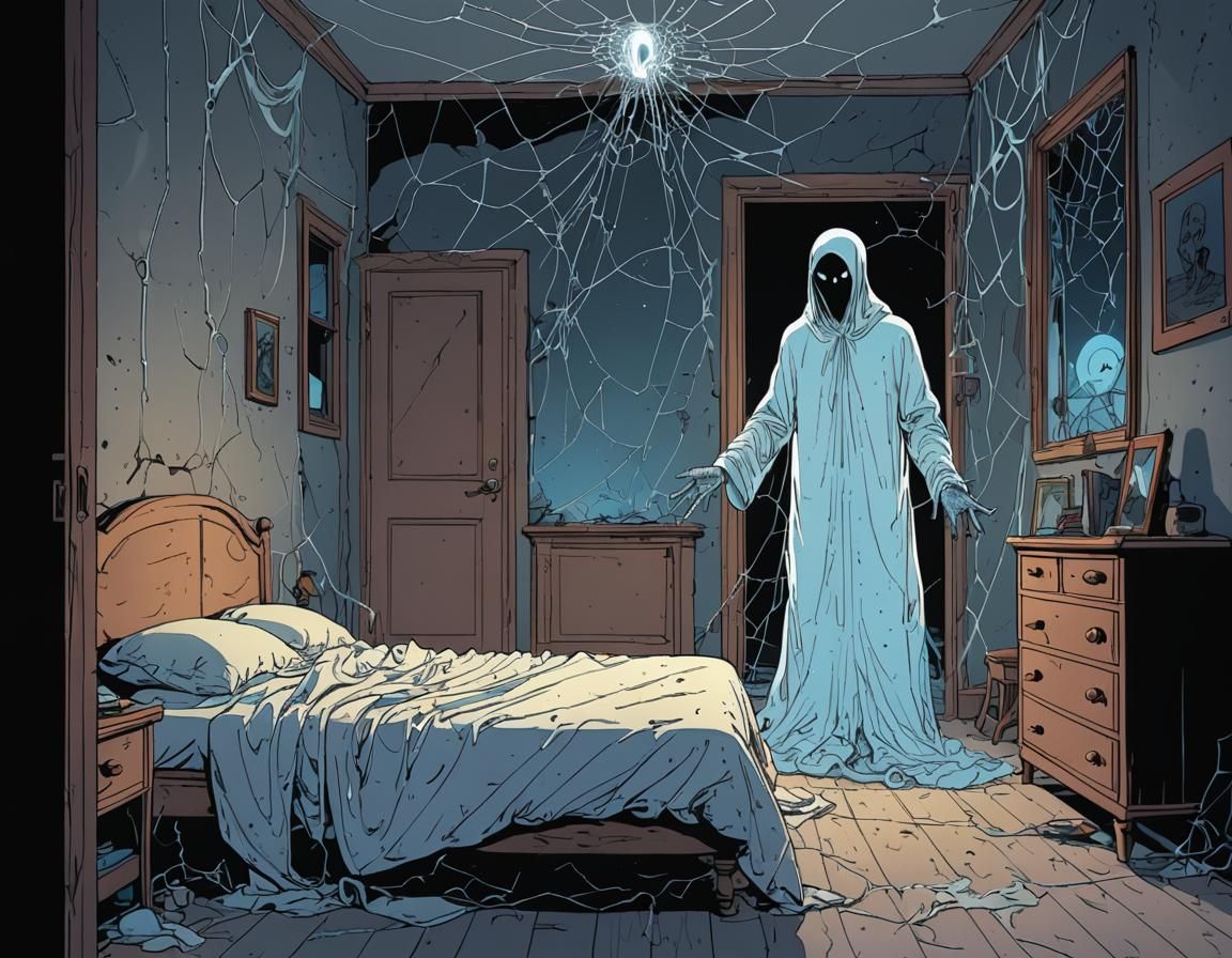 Ethereal Ghost Reaching Through Wall in Moebius Style