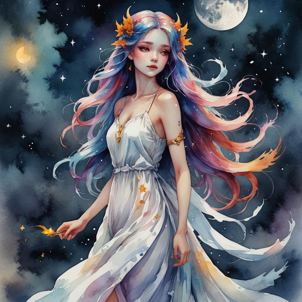 Beautiful Fairy Girl with Dragon in Moonlit Sky