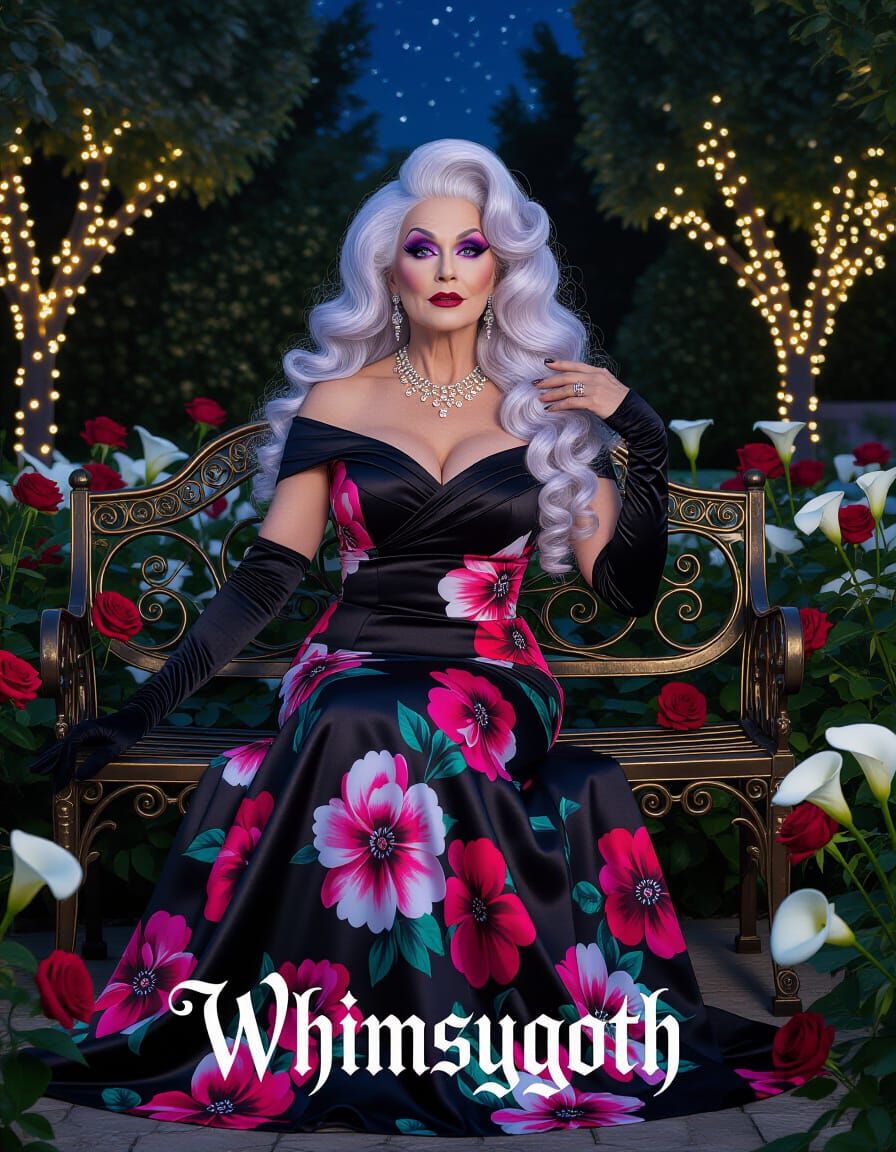 Whimsygoth Portrait of Elegant Temptress in Moonlit Garden