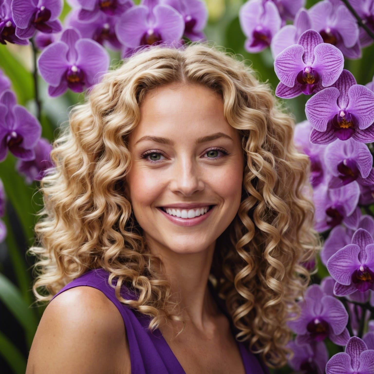 Blonde Woman Among Purple Orchids Smiling