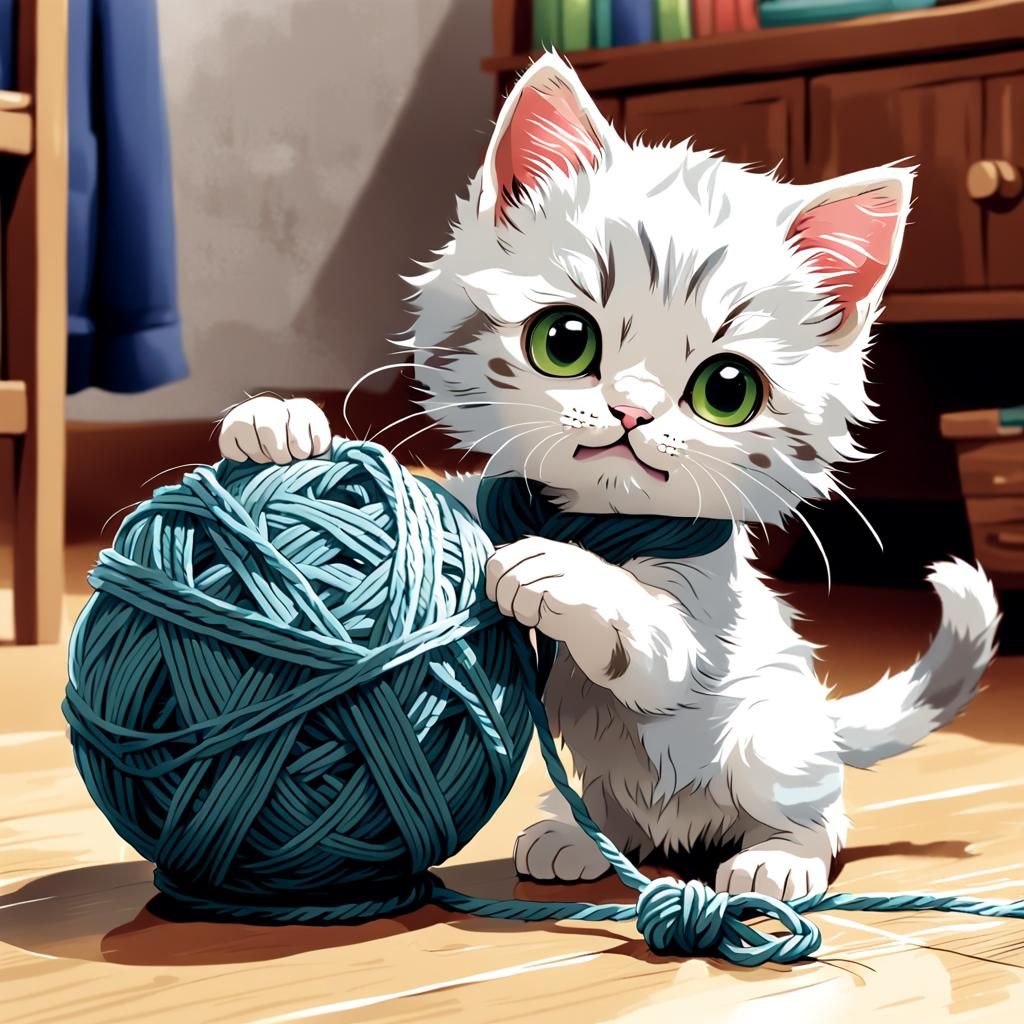 Adorable Kitten Plays with Yarn: Anime Style
