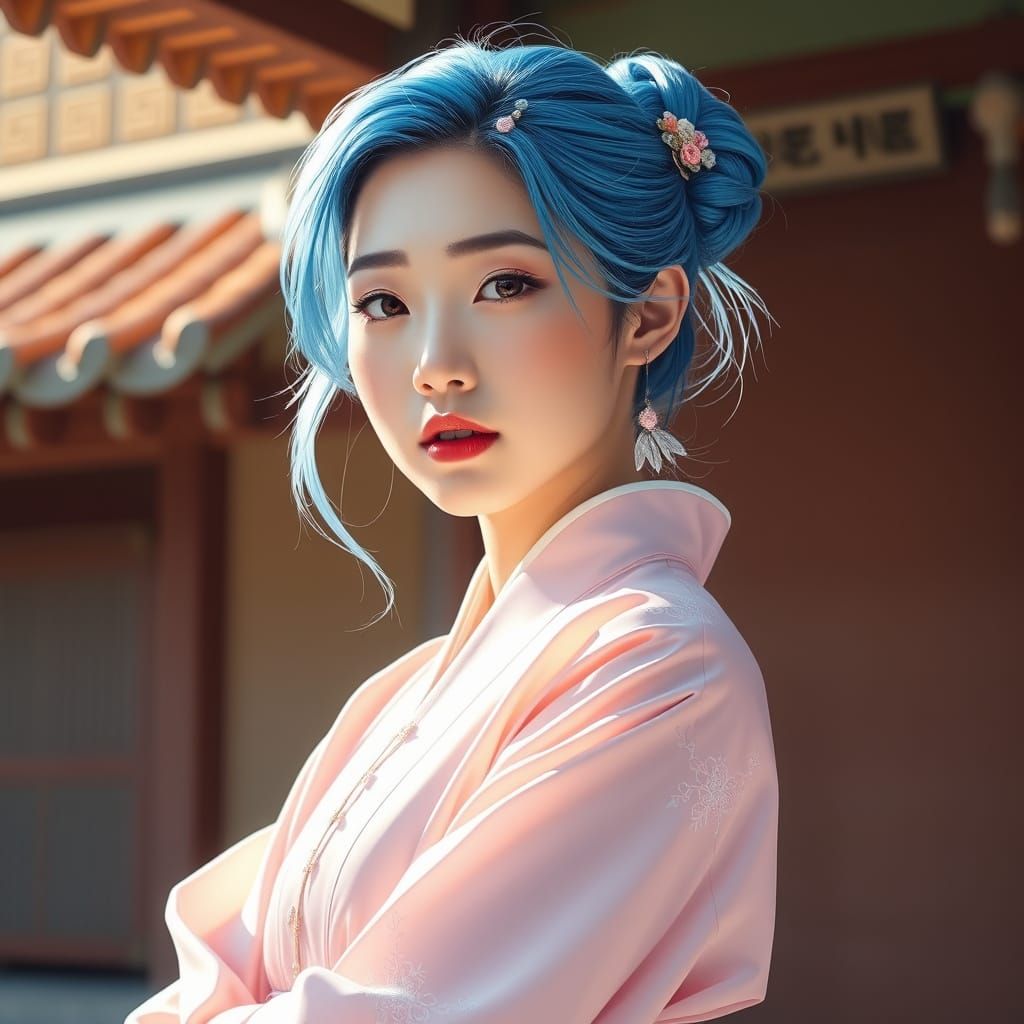 Elegant Korean Woman in Vibrant Blue Hair and Pastel Pink Ha...