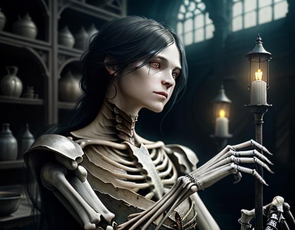 Furry Skeleton Cleans Bones in Dark Fantasy Workshop