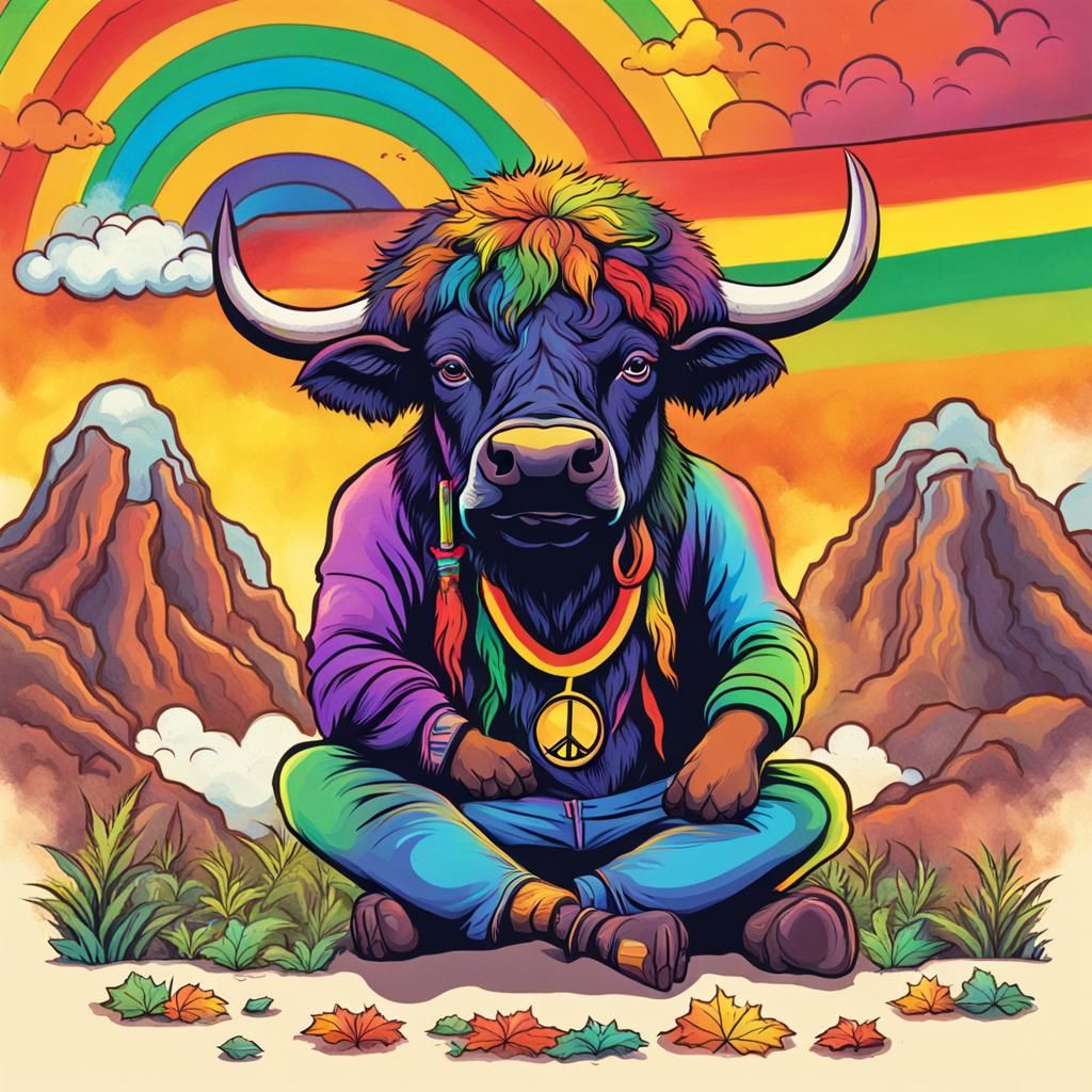 Buffalo on Rainbow Smoking Weed with Peace Sign