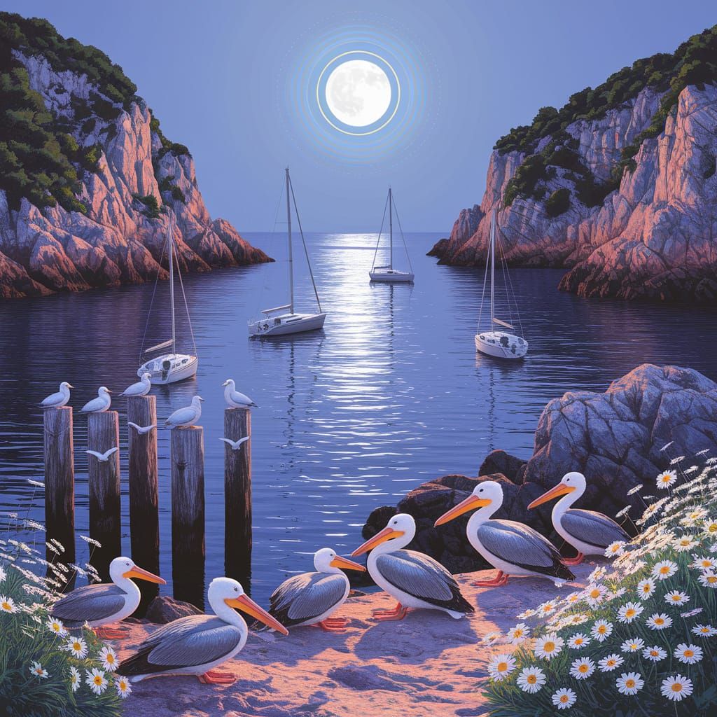 Moonlit Cove with Sailboats and Wildlife in Psychedelic Styl...