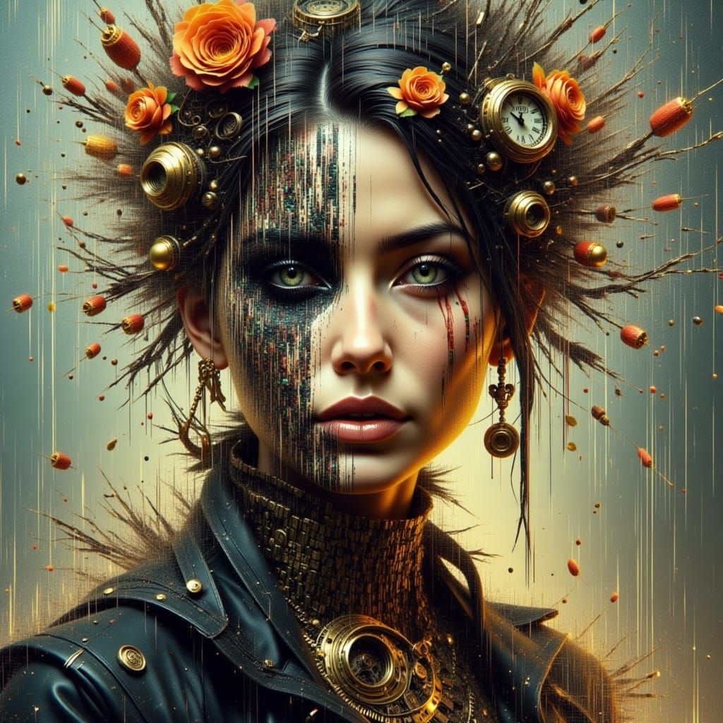 Steampunk Time Traveler in Glitch Art Style