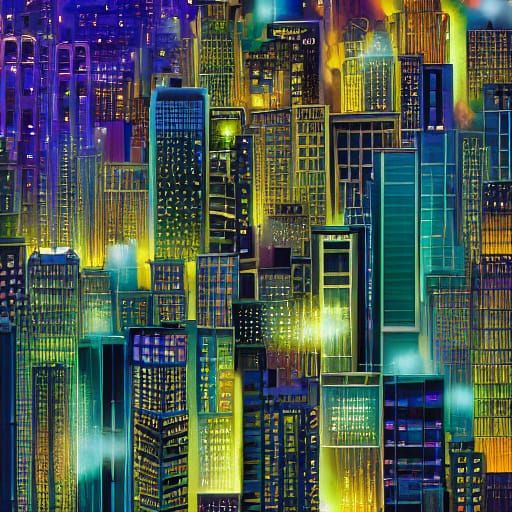 Hyperdetailed Owl Works Amidst City Skyscrapers in Shimmerin...