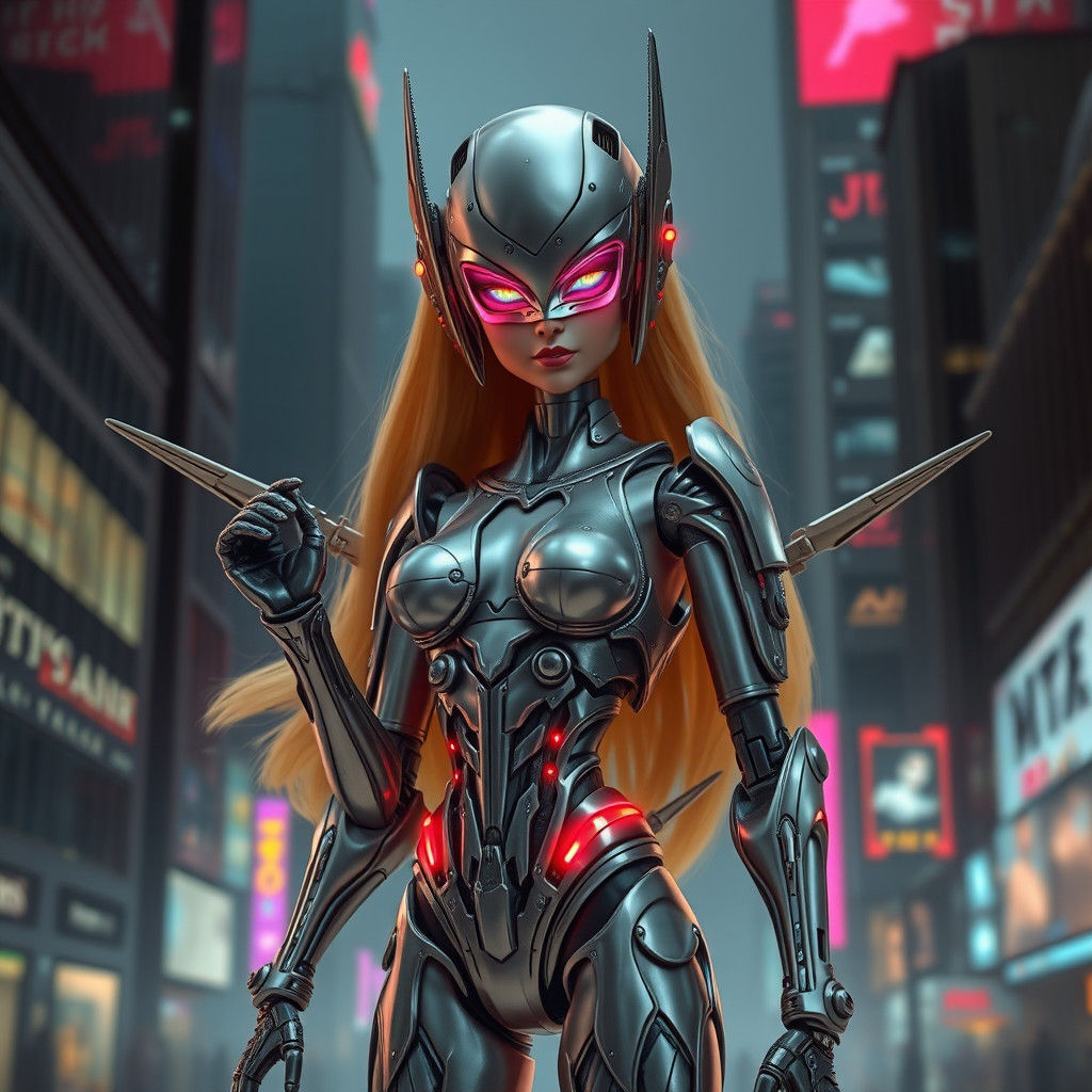 Futuristic Metal Assassin Doll in Cyberpunk Cityscape