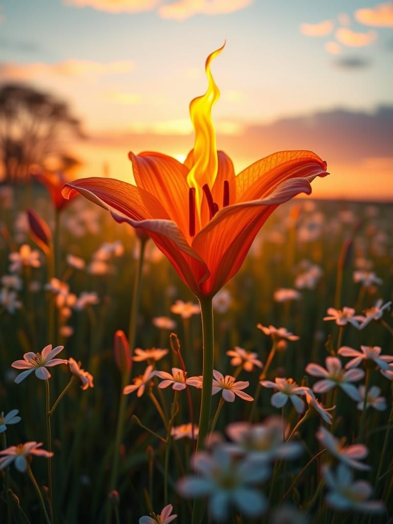 Ethereal Sunset Meadow with Majestic Orange Lily and Flame