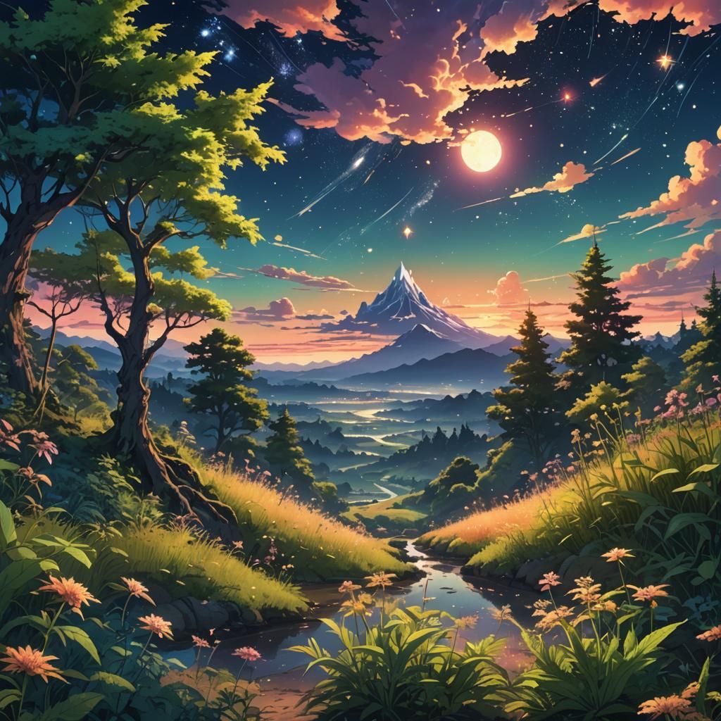 Luminous Fantasy Landscape with Magic Weed, Anime Style