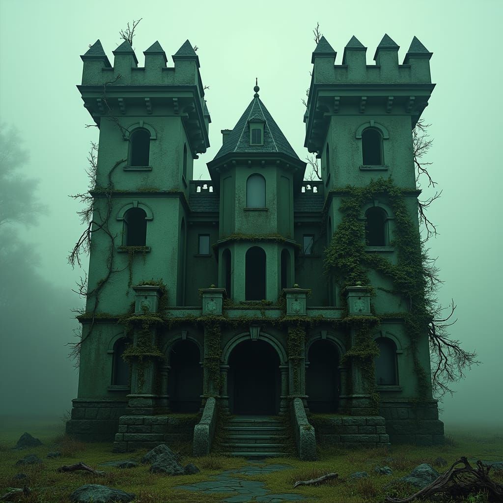 Eerie Victorian Castle with Creeping Vines and Mysterious Tu...