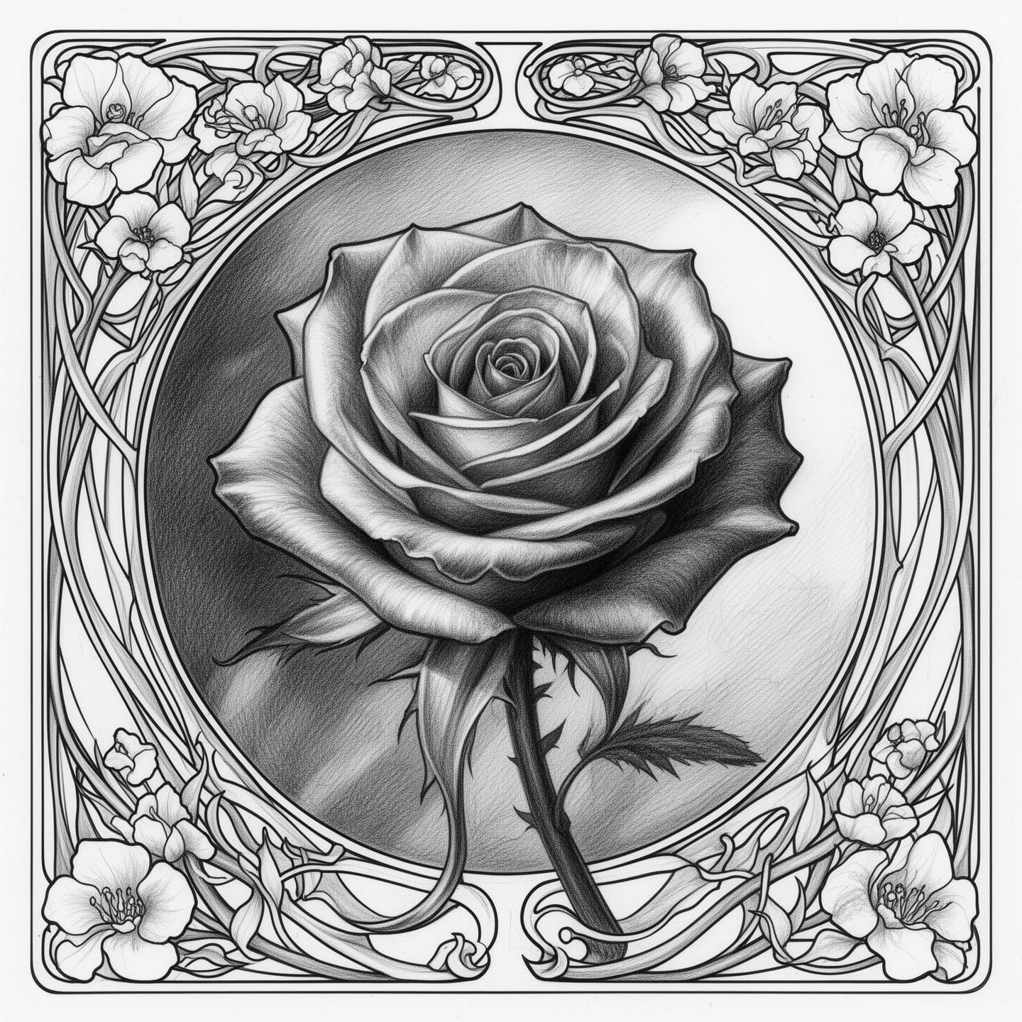Art Nouveau Rose: Black and White Pencil Drawing