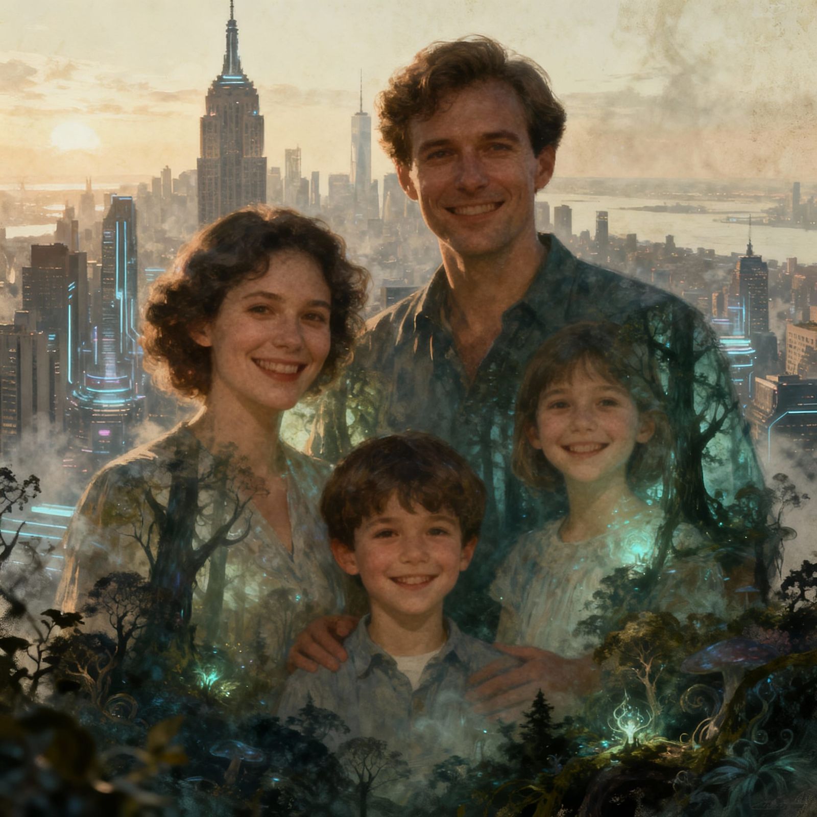 Futuristic NYC Skyline Merged With Smiling Family, Vintage D...