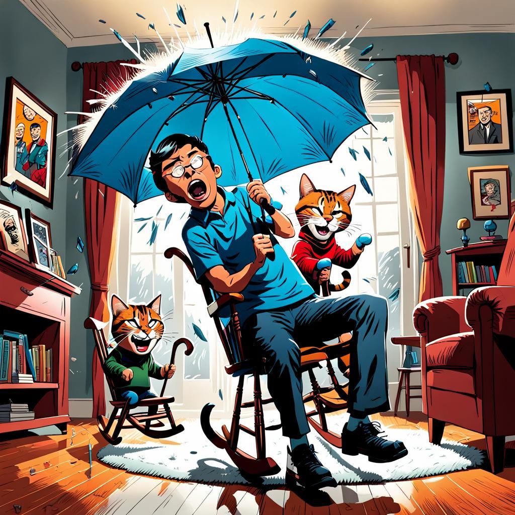 Comical Family Panic in Cartoon Caricature Style