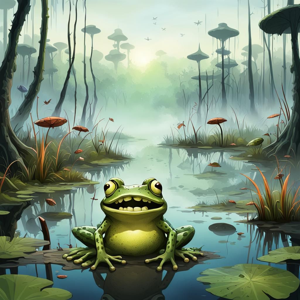Funky Hippy Frog with Human Teeth in Swamp