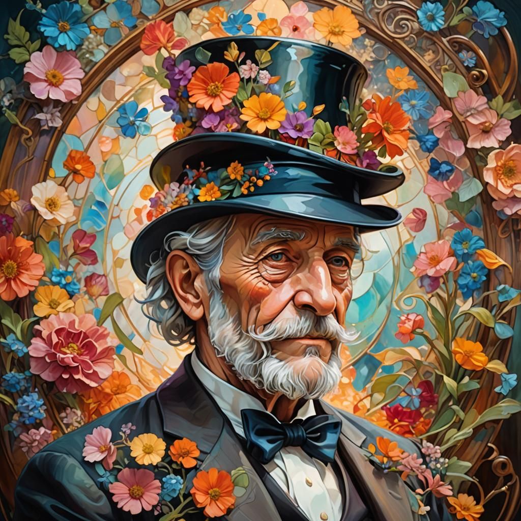 Old Man with Glass Top Hat, Alphonse Mucha Style
