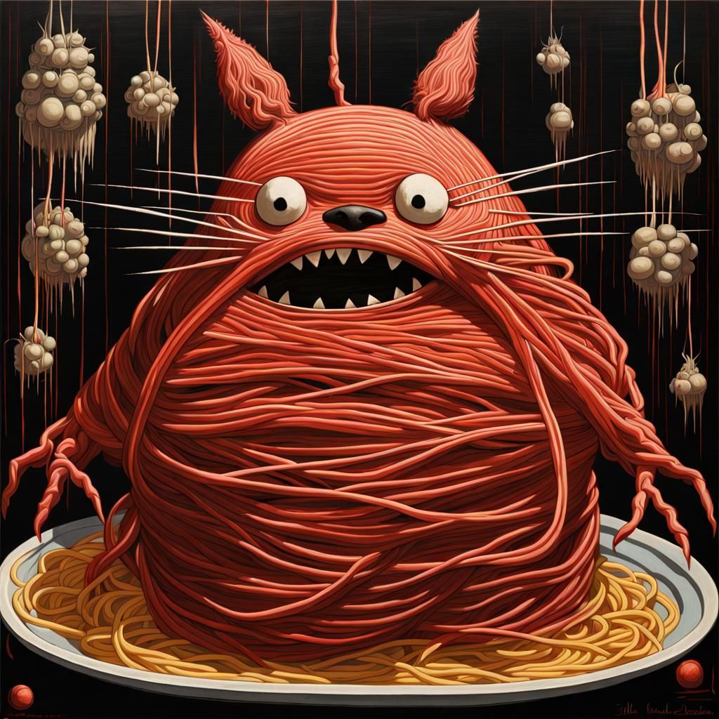 Satanic Totoro in Spaghetti: Intricate Artwork