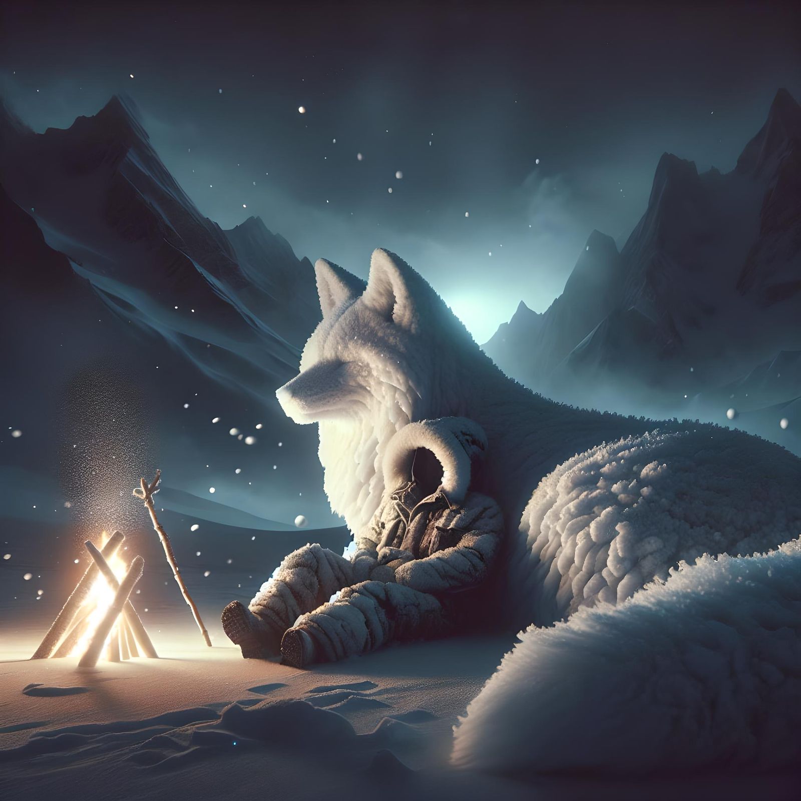 Snowy Mountain Dream: Man and Fox