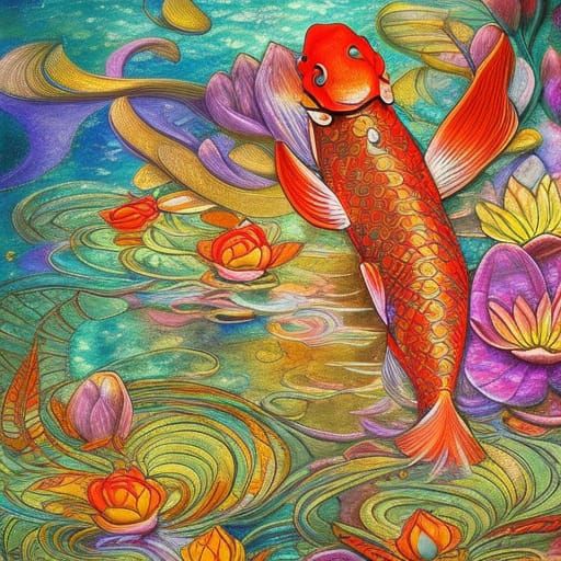 Koi Pond: Detailed Matte Painting in Art Deco Style