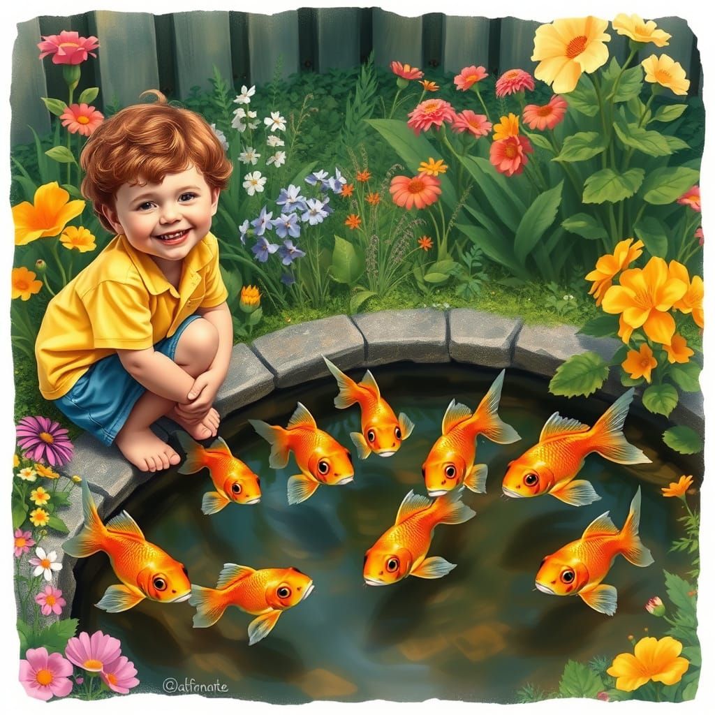 Red-Haired Boy and Goldfish: Beatrix Potter Style