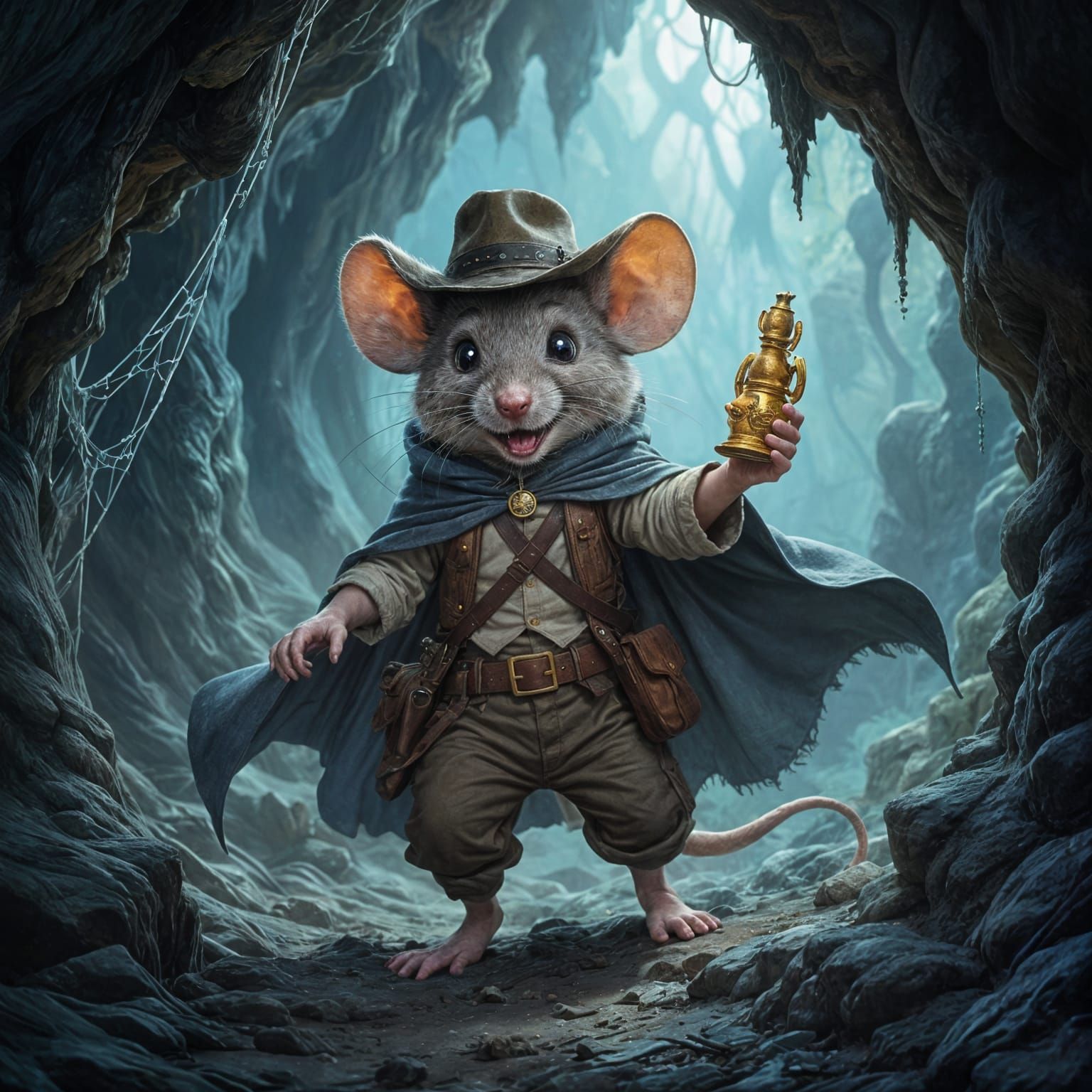 Adventurer Mouse in Cave with Idol, Ethereal Fantasy