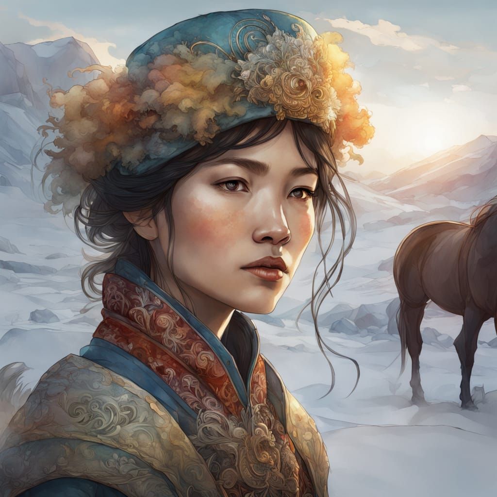 Mongolian Woman in Traditional Fur Attire, Soft Focus Portra...