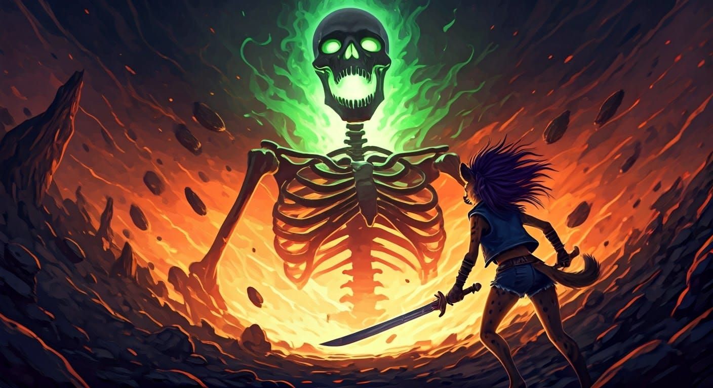 Cyberpunk Skeleton God Erupts from Earthly Chaos